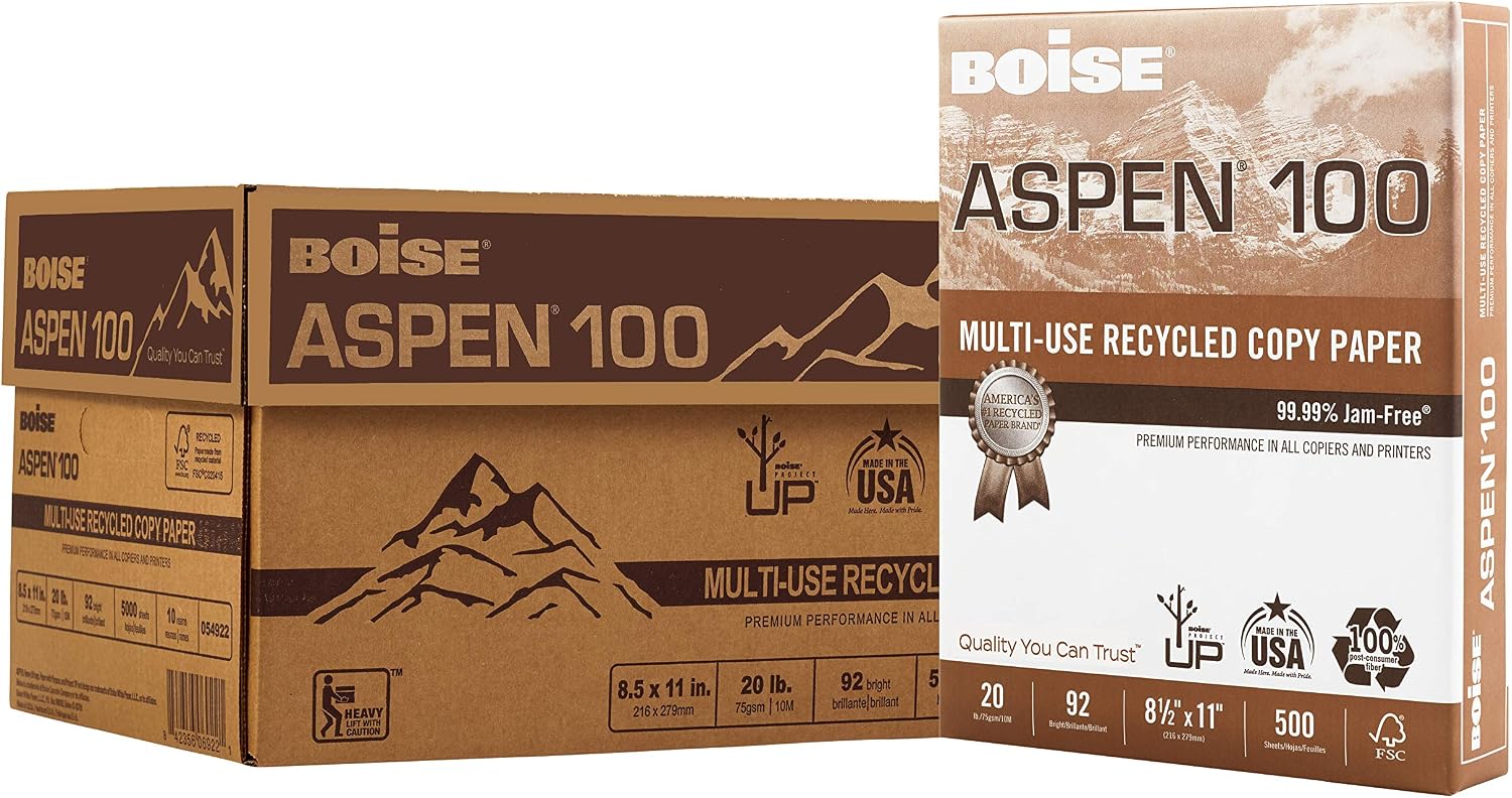Boise Paper 100% Recycled Multi-Use Copy Paper, 8.5" x 11" Letter, 92 Bright White, 20 lb, 10 Ream Carton (5,000 Sheets)