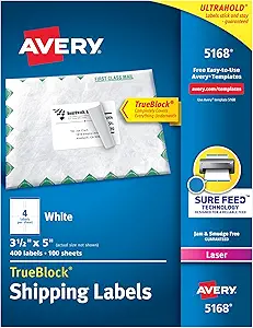 Avery Shipping Address Labels, Laser Printers, 400 Labels, 3-1/2 x 5, Permanent Adhesive, TrueBlock (5168)