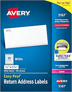 Avery Address Labels with Sure Feed for Laser Printers, 0.5" x 1.75", 8,000 Labels, Permanent Adhesive (5167)
