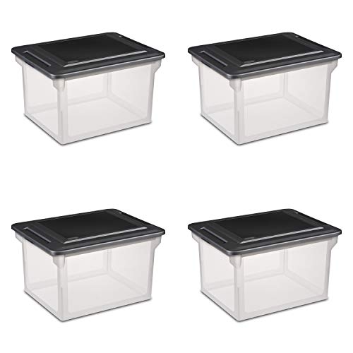 Sterilite File Box, Stackable Storage Bin with Lid, Plastic Container to Organize Taxes, Papers in the Home, Office, Clear Base with Black Lid, 4-Pack