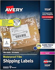 Avery Waterproof Printable Shipping Labels with Sure Feed, 3-1/3" x 4", White, 300 Blank Mailing Labels (5524)