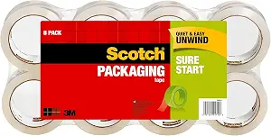 Scotch Sure Start Shipping Packaging Tape, 1.88" x 54.6 yd, Designed for Packing, Shipping and Mailing, No Splitting or Tearing, 3" Core, Clear, 8 Rolls (3450-8)