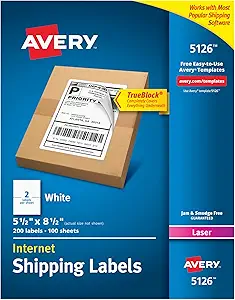 Avery 5126 Shipping Address Labels, Laser Printers, 200 Labels, Half Sheet Labels, Permanent Adhesive, TrueBlock, White