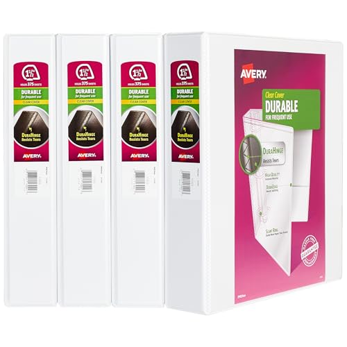 Avery Durable View 3 Ring Binders for Home School Supplies, Office Supplies, or Home Organization, 1.5" Slant Ring, 4 White Binders (17576)