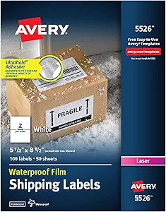 Avery Waterproof Printable Shipping Labels with Sure Feed, 5.5" x 8.5", White, 100 Blank Mailing Labels (5526)