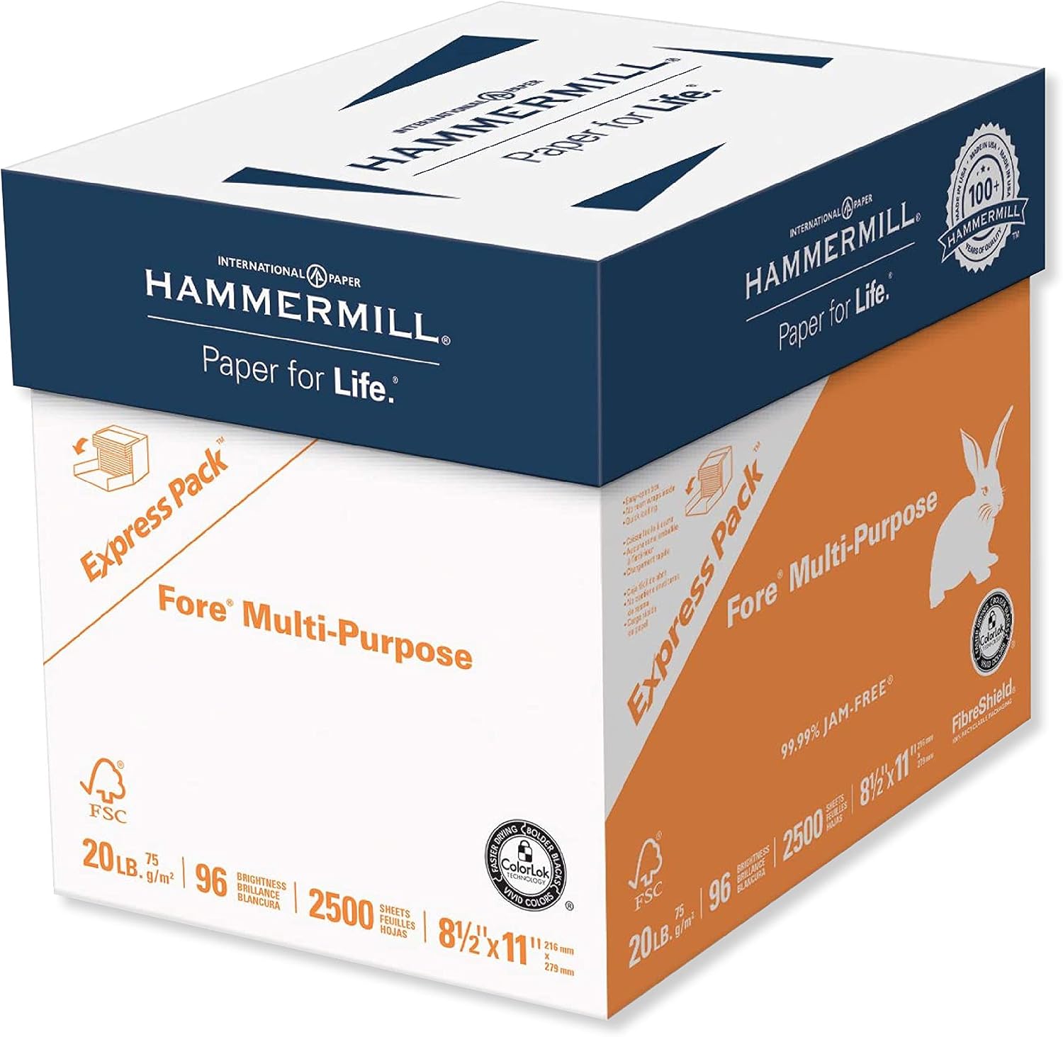 Hammermill Printer Paper, Fore Multipurpose 20 lb Copy Paper, 8.5 x 11 - Express Pack (2,500 Sheets) - 96 Bright, Made in the USA, 163121