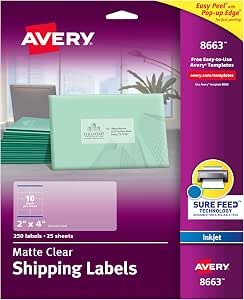 Avery Printable Shipping Labels with Sure Feed, 2" x 4", Matte Clear, 250 Blank Mailing Labels (8663)