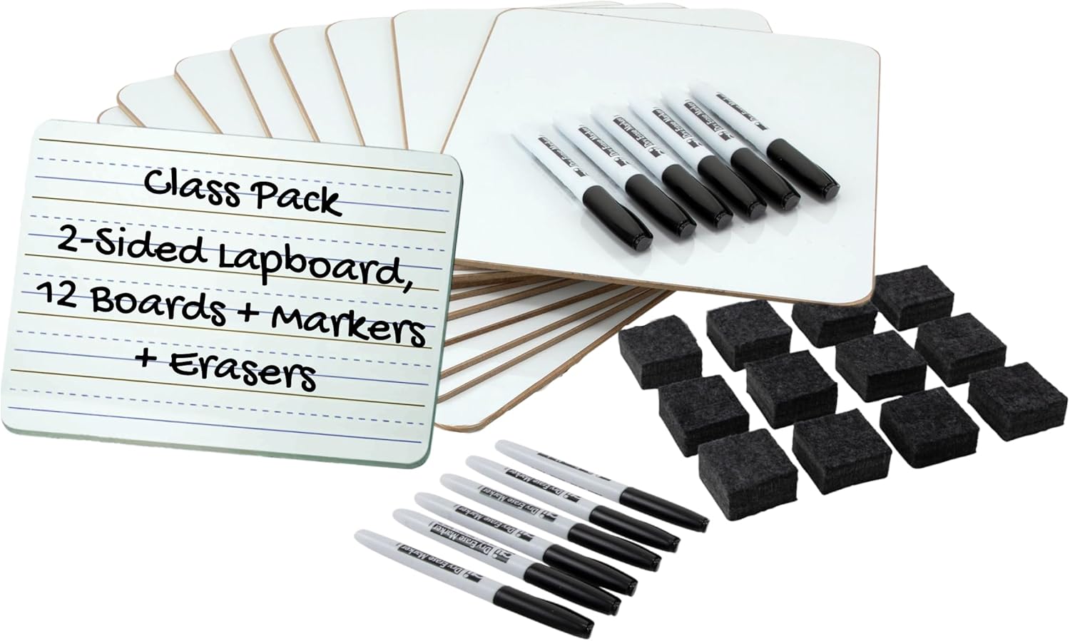 Charles Leonard Dry Erase Board Class Pack - Includes 12 Plain/Lined 2-Sided Boards, 12 Erasers and 12 Black Markers, in a Re-Useable Box (35030)