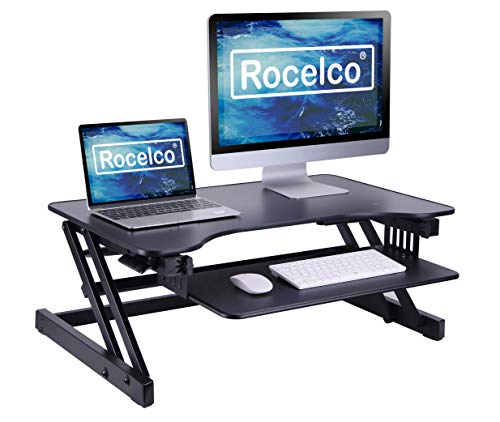 Rocelco 32" Height Adjustable Standing Desk Converter - Slide Out Retractable Keyboard Tray - Sit Stand Up Double Monitor Riser - Dual Piston Lift Assist Tabletop Computer Workstation - Black (R ADRB)