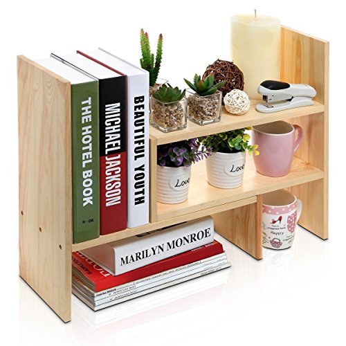 MyGift Solid Wood Desktop Shelf Organizer, Adjustable Office Dorm Desk Bookshelf Storage Display Rack, Beige