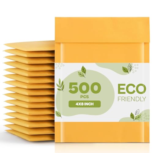 PSBM Kraft Bubble Mailer, 4x8 Inch, 500 Pack, Padded Shipping Envelope Mailers, Gold Yellow, Self Seal and Peel Strip
