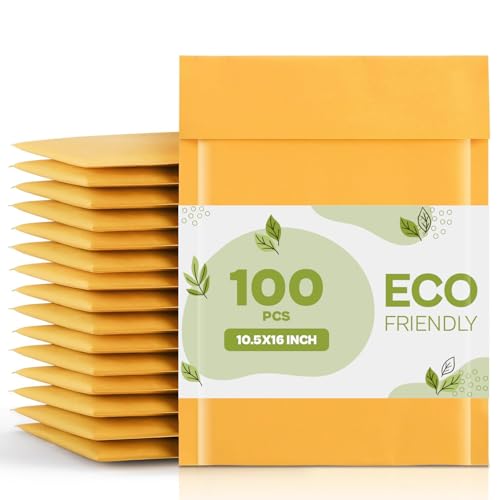 PSBM Kraft Bubble Mailer, 10.5x16 Inch, 100 Pack, Padded Shipping Envelope Mailers, Gold Yellow, Self Seal and Peel Strip