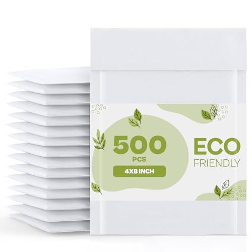 PSBM White Kraft Bubble Mailer, 4x8 Inch, 500 Pack, Padded Shipping Envelope Mailers, Self Seal and Peel Strip