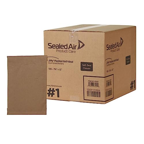 Sealed Air Jiffy Padded Shipping Mailers, Case of 100, Self Seal Heavy Duty Recycled Cushioned Mailing Envelope, #1-7.25" x 12", Kraft