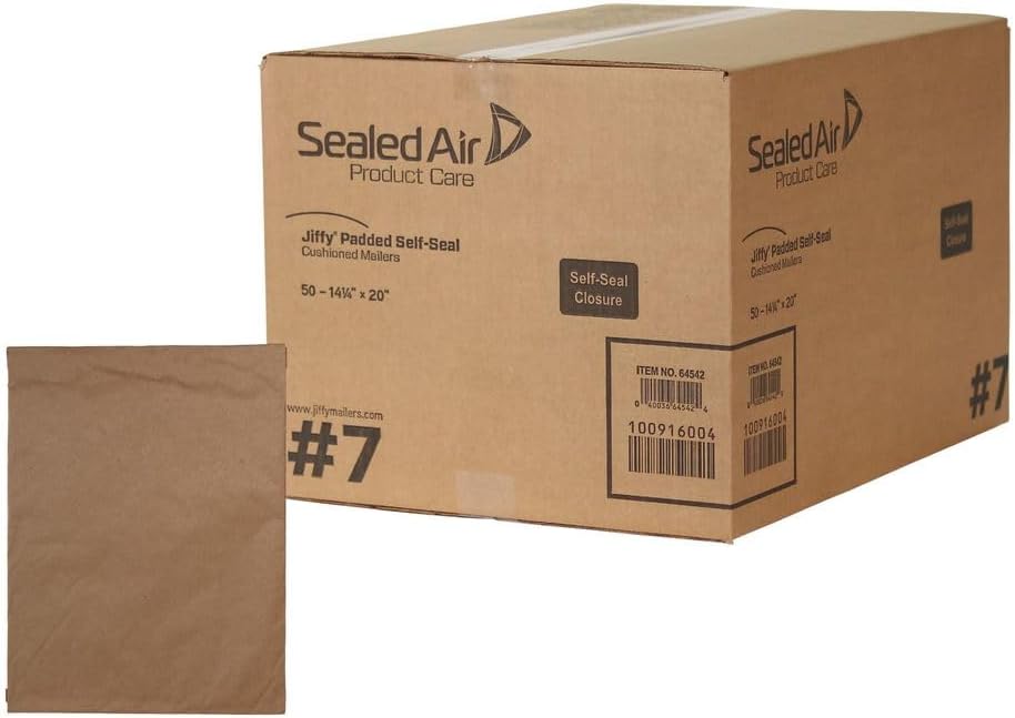Sealed Air Jiffy Padded Mailer, #7, Paper Padding, Self-Adhesive Closure, 14.25 x 20, Natural Kraft, 50/Carton