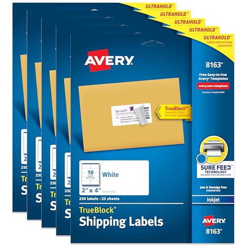 Avery TrueBlock Printable Shipping Labels with Sure Feed, 2" x 4" Customizable Stickers, White, 1,250 Blank Mailing Labels Total (5-Pack of 8163)
