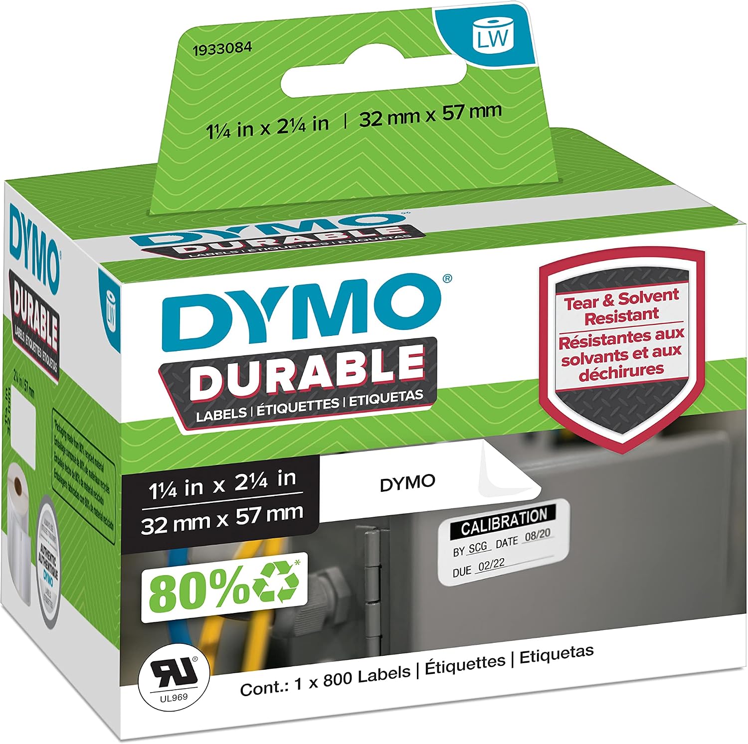 DYMO LW Durable Industrial Labels for LabelWriter Label Printers, White Poly, 2-1/4 x 1-1/4, 1 Roll of 800