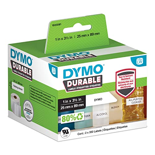 DYMO LW Durable Industrial Labels for LabelWriter Label Printers, White Poly, 1 x 3-1/2, 2 Rolls of 350 (700 Total)