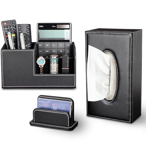 KINGFOM 3PCS/SET Desk Organizer Sets Leatherette Office Accessories Supplies Including Tissue Holder,Pencil Holder and Business Name Cards Stand Black