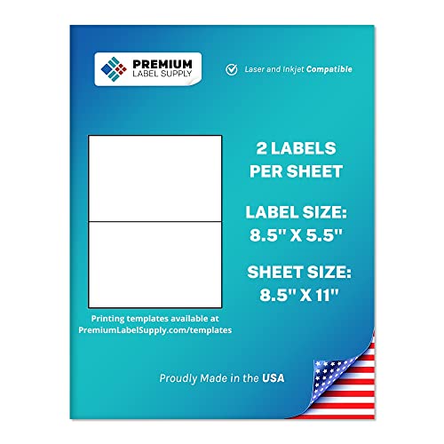 Premium Label Supply White Sticker Half Sheet Labels  8.5" x 5.5"  Laser/Inkjet Compatible  (2 per Sheet), 200 Sheets - 400 Total Adhesive Labels