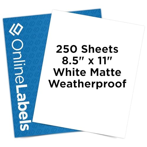 Waterproof Sticker Paper, 250 Sheets, White Matte Vinyl-Like, 8.5" x 11" Full Sheet Label, Works with Inkjet Printers Only, Compatible with Electronic Cutting Machines, OL177WJ, OnlineLabels