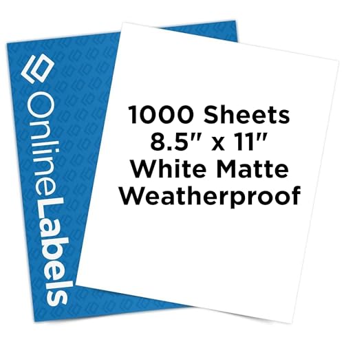 Waterproof Sticker Paper, 1000 Sheets, White Matte Vinyl-Like Film, 8.5" x 11" Full Sheet Label, Works with Inkjet Printers Only, Compatible with Electronic Cutting Machines, OL177WJ, OnlineLabels