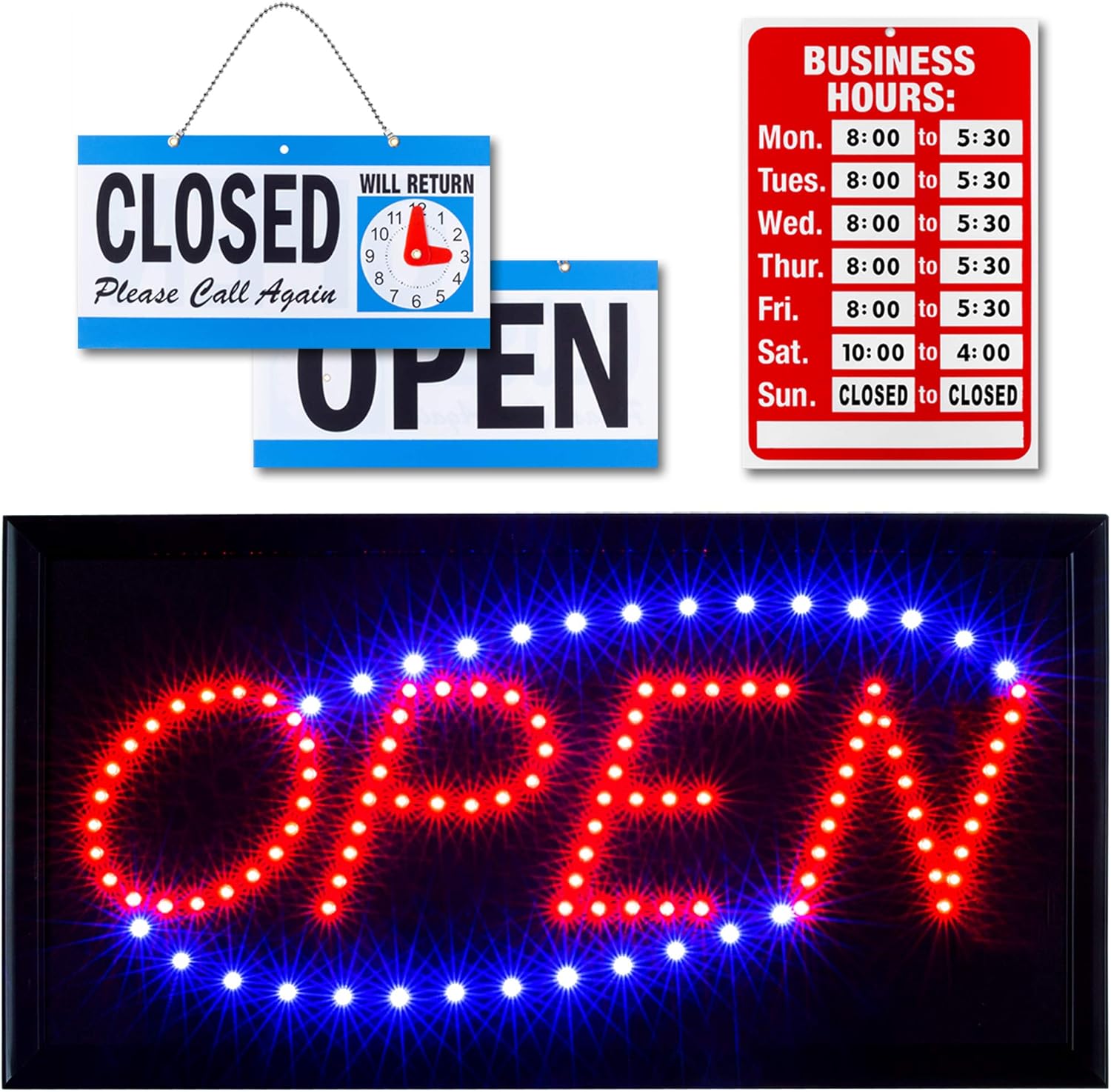 Neon Open Sign for Business: Horizontal LED Sign with Flashing Mode for Stores - Includes Business Hours and Open & Closed Signs