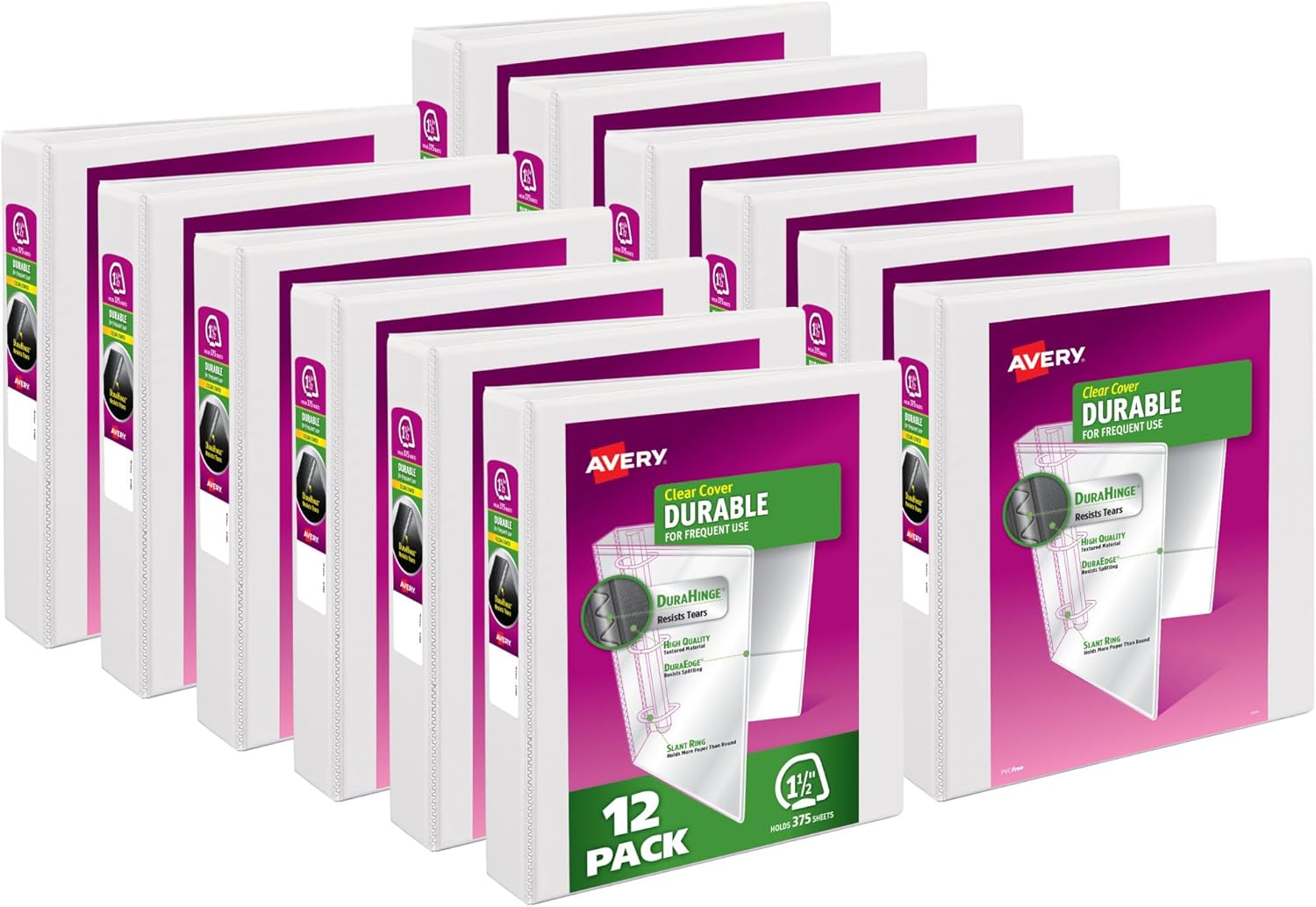 Avery Durable View 3 Ring Binders for Home, School Supplies, Office, or Organization Needs, 1.5" Slant Ring, 12 Pack White Binders (17022)