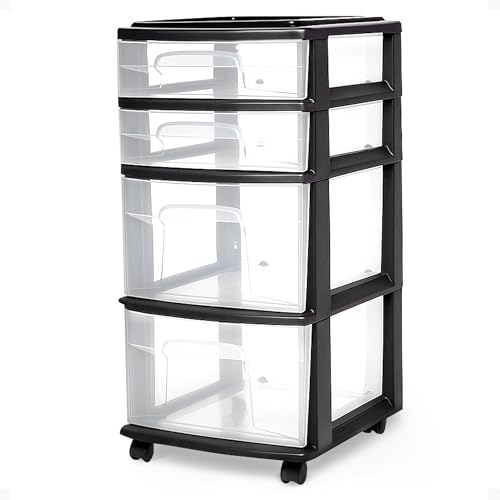 HOMZ Drawer Tower, 4-Tier Clear Plastic Storage Organizer Cart, Black Frame - Multi-Purpose Rolling Drawers with Wheels for Bedroom, Bathroom, and Office Organization