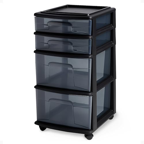 HOMZ Drawer Tower, 4-Tier Clear Plastic Storage Organizer Cart, Black Frame - Rolling Drawer Containers with Wheels for Bathroom, Bedroom, Office, and Classroom Organization
