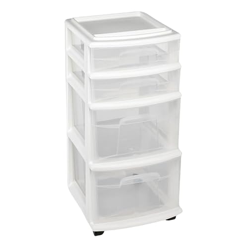 HOMZ Drawer Tower, 4-Tier Clear Plastic Storage Organizer Cart, White Frame  Rolling Containers with Wheels for Bathroom, Bedroom, Office, and Classroom Organization