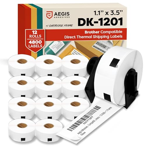 Aegis Adhesives - Compatible Labels Replacement for Brother DK-1201 (1.1" X 3.5) Address & Barcode, Use with QL Label Printers - 12 Rolls + 1 Frame