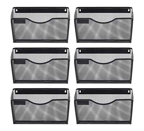 EasyPAG 6 Pack Wall File Holder with Label Panel, Single Mesh Hanging File Organizer for A4 Letter Size Paper, Wall Mount Paperwork Basket for Office, Home, School, Black
