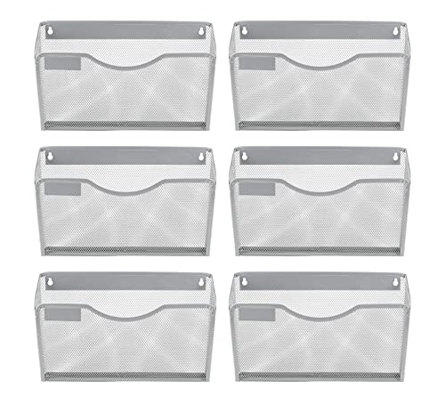 EasyPAG 6 Pack Wall File Organizer with Label Panel Single Mesh Hanging File Folder Organizer for Letter/A4 Size Folders Wall Mounted Vertical Mail Holder for Paperwork, Office, Home, School, Silver