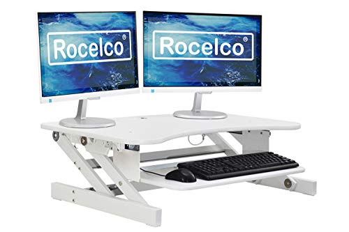 Rocelco 37.5" Deluxe Height Adjustable Standing Desk Converter - Quick Sit Stand Up Dual Monitor Riser - Gas Spring Assist Computer Workstation - Large Retractable Keyboard Tray - White (R DADRW)