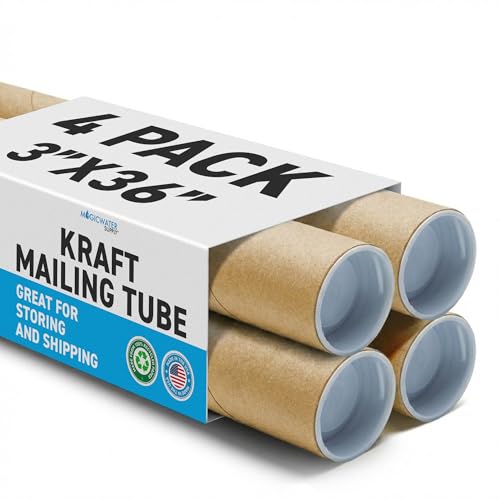 MagicWater Supply Mailing Tube - 3 in x 36 in - Kraft - 4 Pack - for Shipping and Storage of Posters, Arts, Crafts, and Documents