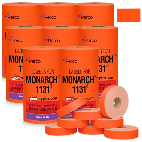 Perco Fluorescent Red Pricing Labels for Monarch 1131 Price Gun  8 Sleeves, 64 Rolls Value Pack - 160,000 Price Marking Labels  with Ink Rolls Included