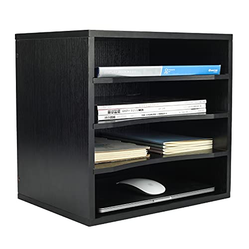 PAG Mail Sorter Organizer, Wood Countertop Literature Organizer, Office Supplies Desktop File Bill Paper Organizer for Office Home School, 4 Compartments, Black