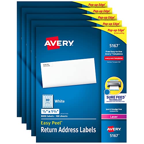 Avery Mailing Address Labels, Laser Printers, 40,000 Labels, 1/2 x 1-3/4, Permanent Adhesive, Easy Peel (5 Packs 5167)