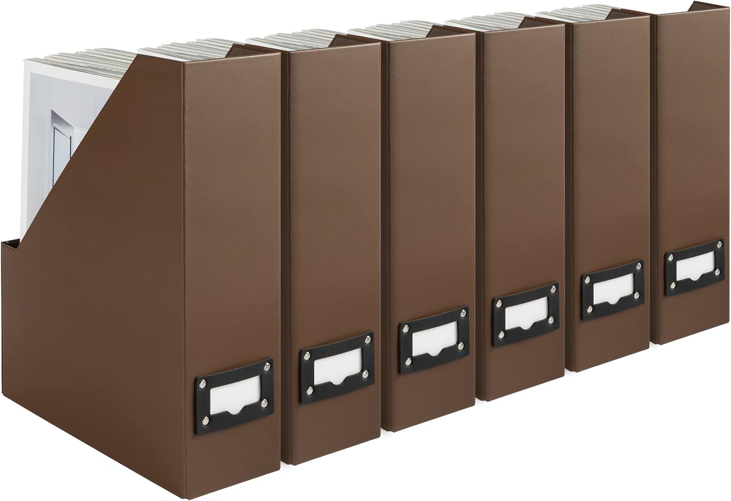 BLU MONACO Set of 6 Foldable Brown Magazine File Holders with Brown Leather Label Holders  Elegant Magazine Storage Containers & Desk Organizer for Office