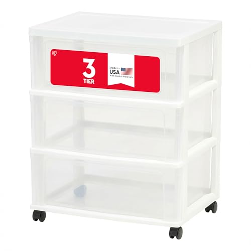 IRIS USA Plastic Drawer Storage Organizer Rolling Cart, with Wheels Casters, 3-Drawers, for Art Craft Supplies Dresser Closet Bathroom Dorm Bedroom Laundry Room, Wide, White