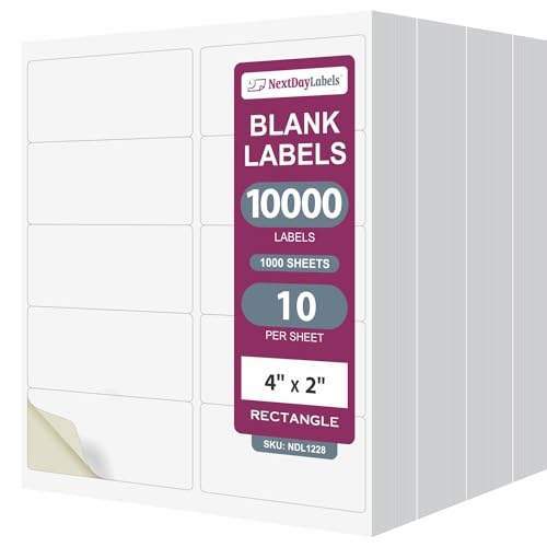 NextDayLabels  4 x 2 Rectangular Sticker Labels for Printer - White Laser/Inkjet Printer Labels Return Address Labels Shipping Label Stickers (1000 Sheets, 10 Per Sheet, 10000 Labels)