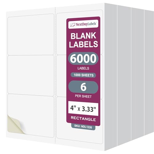 NextDayLabels  4" x 3-1/3" Rectangular Sticker Labels for Printer - White Laser/Inkjet Printer Labels Return Address Labels Shipping Label Stickers (1000 Sheets, 6 Per Sheet, 6000 Labels)