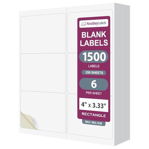 NextDayLabels  4" x 3-1/3" Rectangular Sticker Labels for Printer - White Laser/Inkjet Printer Labels Return Address Labels Shipping Label Stickers (250 Sheets, 6 Per Sheet, 1500 Labels)