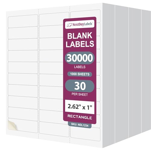 NextDayLabels - 2.5/8" x 1" Rectangular Sticker Labels for Printer - White Laser/Inkjet Printer Labels Return Address Labels Shipping Label Stickers (1000 Sheets, 30 Per Sheet, 30000 Labels)