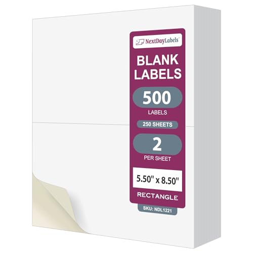 NextDayLabels  8-1/2" x 5-1/2" Rectangular Sticker Labels for Printer - White Laser/Inkjet Printer Labels Return Address Labels Shipping Label Stickers (250 Sheets, 2 Per Sheet, 500 Labels)