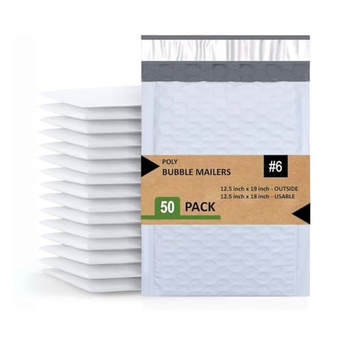 #6 Poly Bubble Mailers 12.5x19 Inches Shipping Padded Envelopes Self Seal Waterproof Cushioned Mailer, White (PBMVR_12.5X19-50), 50 Pack