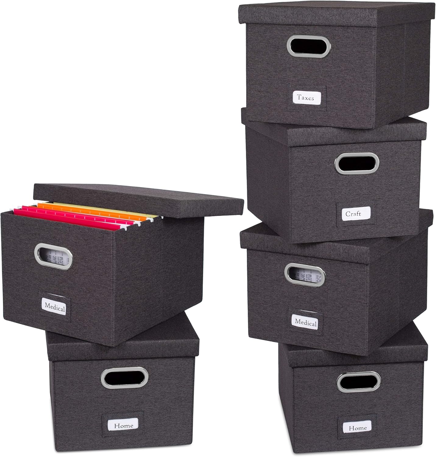 Internet's Best Collapsible File Storage Organizer with Lid - Decorative Linen Filing & Storage Office Box  Hanging Letter/Legal Folder  Home Office Bins Cabinet  Charcoal Container - 6 Pack