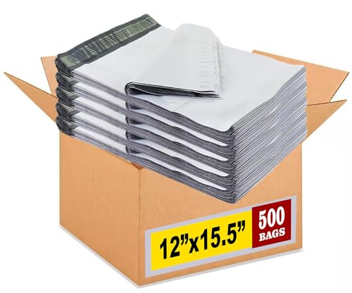 iMBAPrice (500-Pack) Poly Mailers 12x15.5 Inch Mid Size #5 White Color Poly Mailing Envelopes Bags, Self Seal Adhesive Waterproof and Tear Proof (Total 500 Bags)