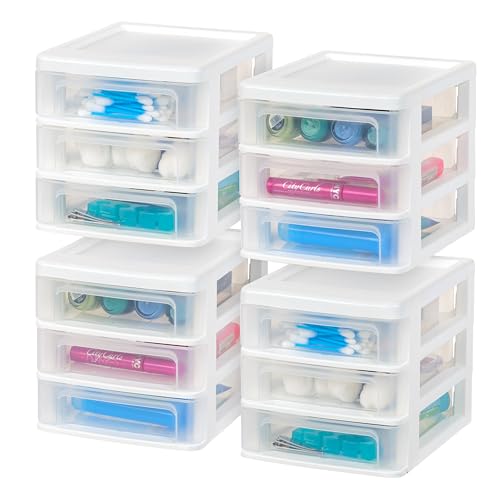 IRIS USA Plastic Stacking Desk Top 3-Drawer Storage Organizer, 4-Pack, Small, White